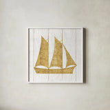 Beachscape V Boat Gold Neutral by Michael Mullan. Shown in a crisp white glass frame for a clean and minimalist style. Available as an archival giclee rolled canvas, fine art paper, or poster print. SKU 23138a.