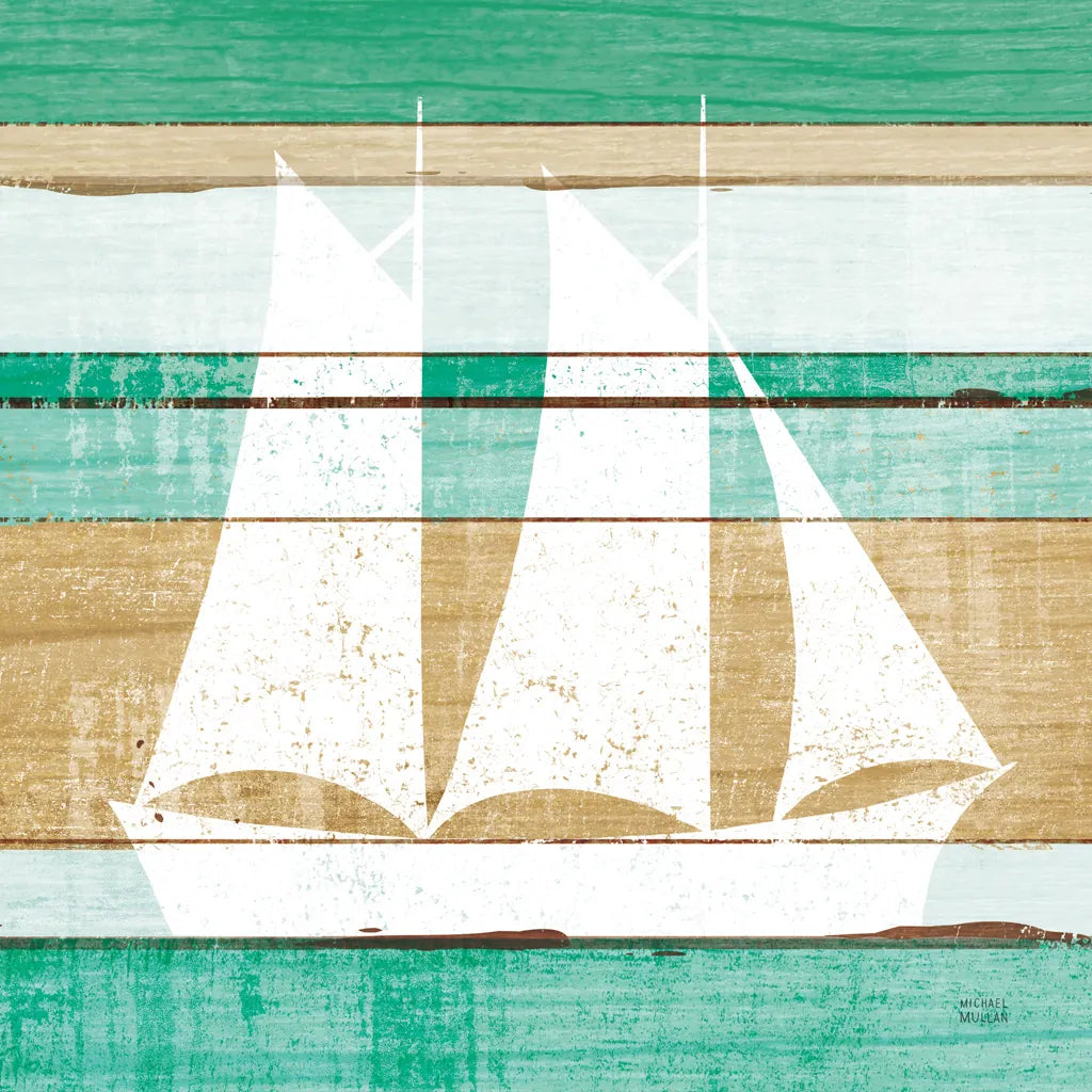 Beachscape V Boat Green by Michael Mullan. SKU 63521a. Archival Giclee Fine art print for wall decor.