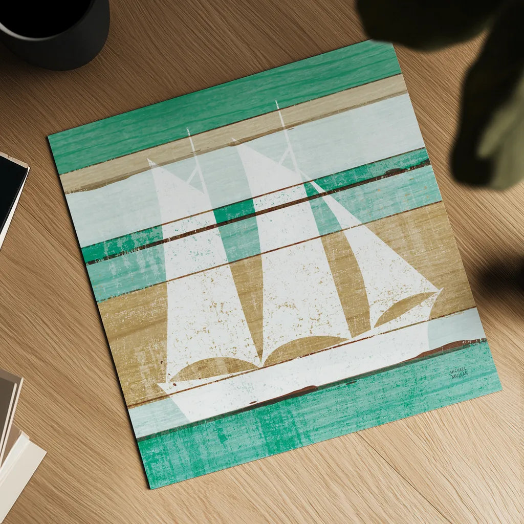 Beachscape V Boat Green by Michael Mullan. Shown as a detailed flat fine art print, highlighting archival giclee quality. Available as an archival giclee rolled canvas, fine art paper, or poster print. SKU 63521a.