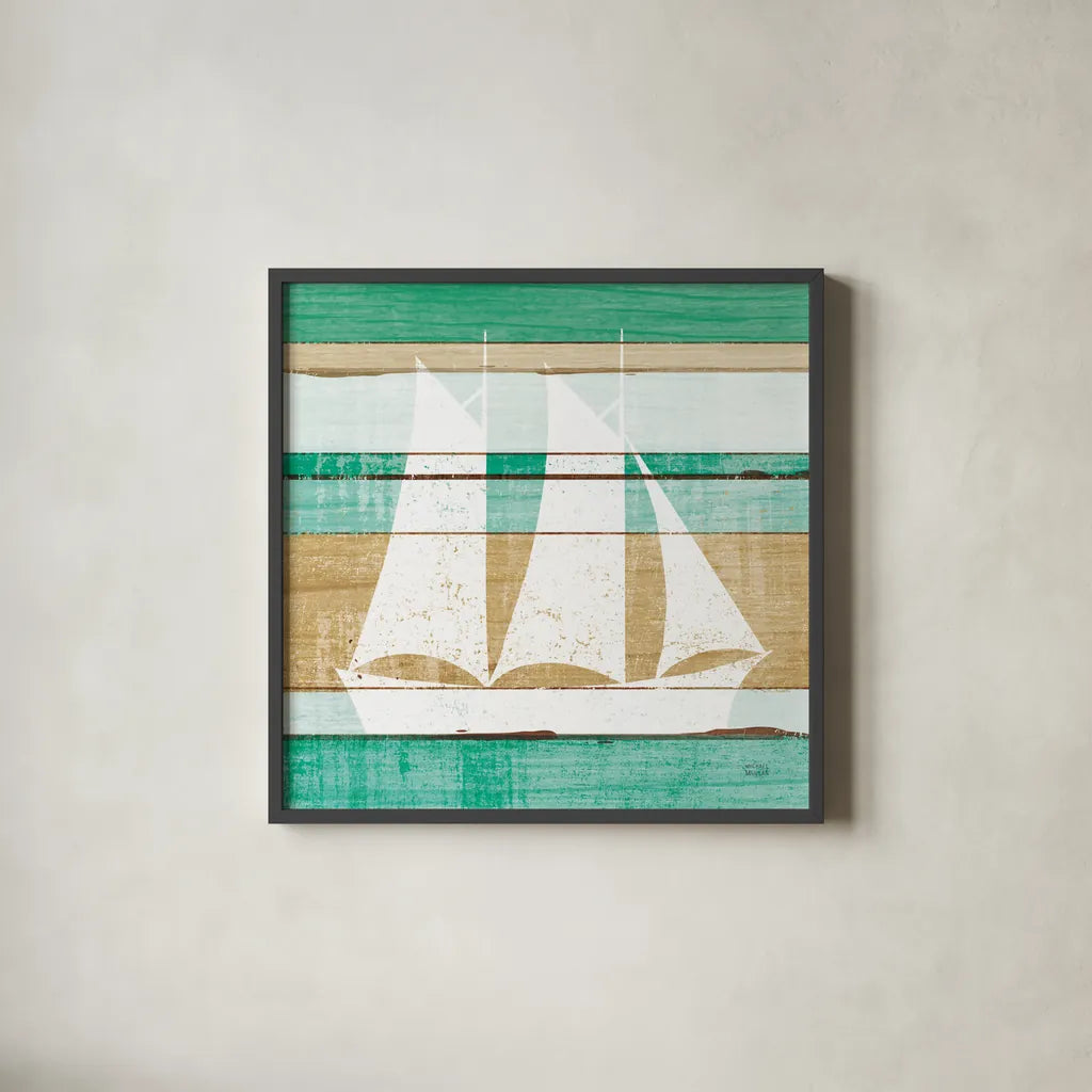 Beachscape V Boat Green by Michael Mullan. Shown in a sleek black glass frame for a contemporary gallery look. Available as an archival giclee rolled canvas, fine art paper, or poster print. SKU 63521a.