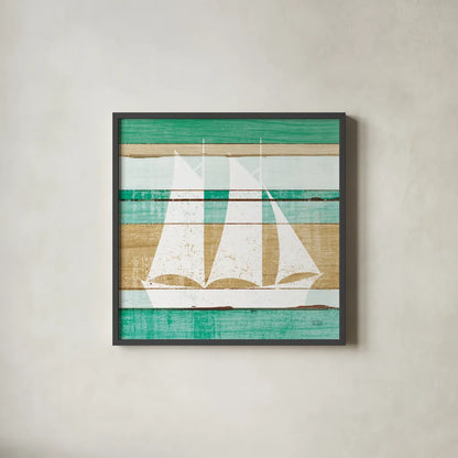 Beachscape V Boat Green by Michael Mullan. Shown in a sleek black glass frame for a contemporary gallery look. Available as an archival giclee rolled canvas, fine art paper, or poster print. SKU 63521a.