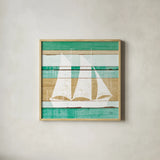 Beachscape V Boat Green by Michael Mullan. Shown in a natural wood glass frame for a timeless modern aesthetic. Available as an archival giclee rolled canvas, fine art paper, or poster print. SKU 63521a.