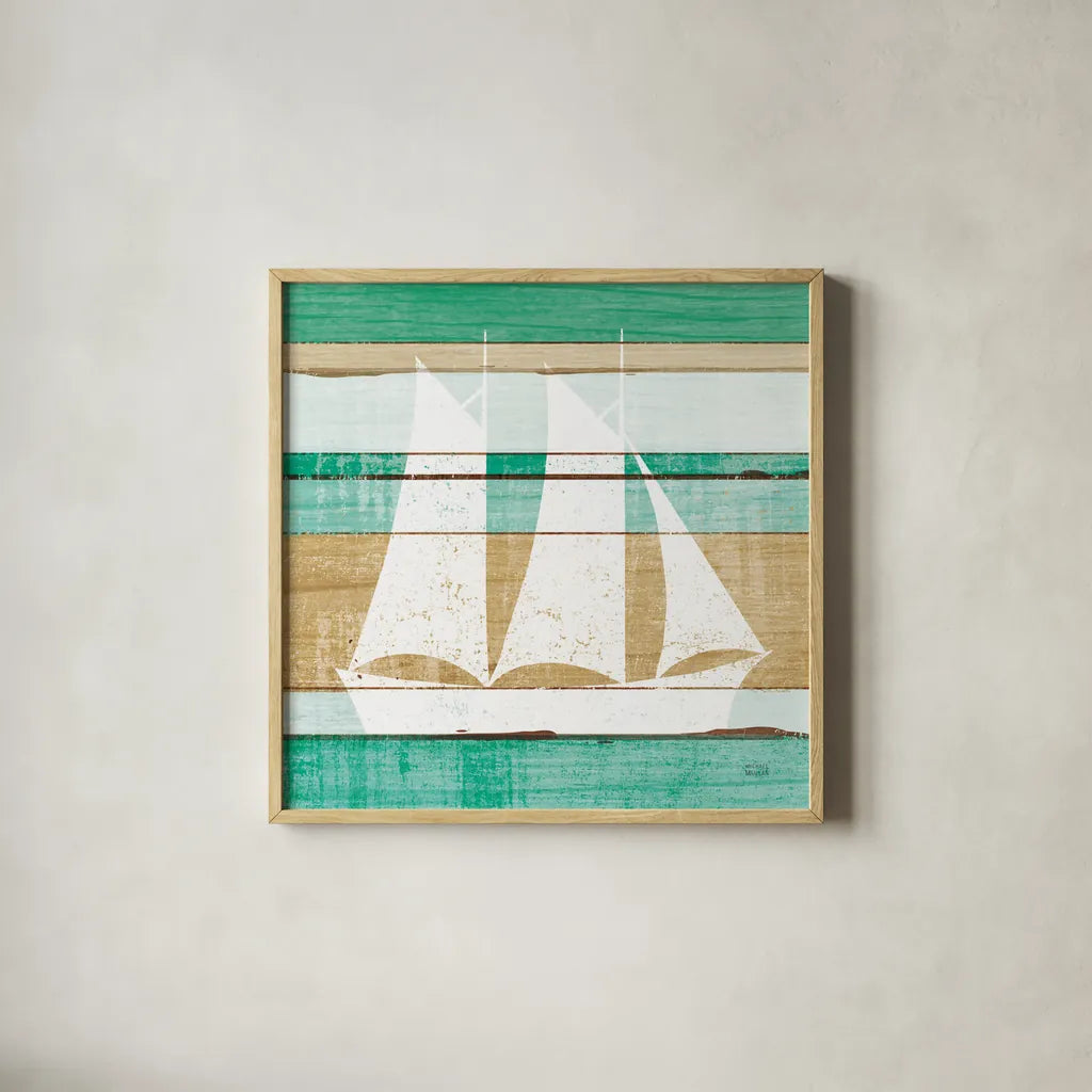Beachscape V Boat Green by Michael Mullan. Shown in a natural wood glass frame for a timeless modern aesthetic. Available as an archival giclee rolled canvas, fine art paper, or poster print. SKU 63521a.