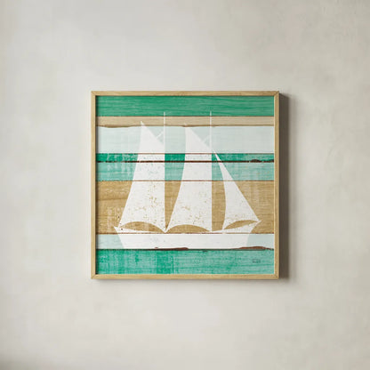 Beachscape V Boat Green by Michael Mullan. Shown in a natural wood glass frame for a timeless modern aesthetic. Available as an archival giclee rolled canvas, fine art paper, or poster print. SKU 63521a.