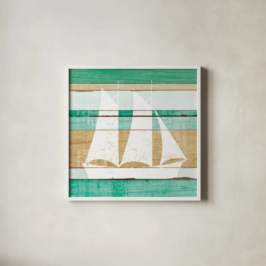 Beachscape V Boat Green by Michael Mullan. Shown in a crisp white glass frame for a clean and minimalist style. Available as an archival giclee rolled canvas, fine art paper, or poster print. SKU 63521a.