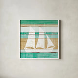 Beachscape V Boat Green by Michael Mullan. Shown in a crisp white glass frame for a clean and minimalist style. Available as an archival giclee rolled canvas, fine art paper, or poster print. SKU 63521a.