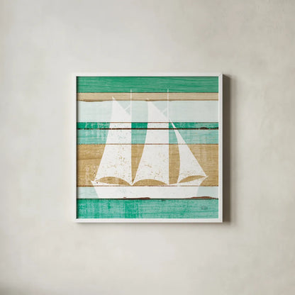 Beachscape V Boat Green by Michael Mullan. Shown in a crisp white glass frame for a clean and minimalist style. Available as an archival giclee rolled canvas, fine art paper, or poster print. SKU 63521a.