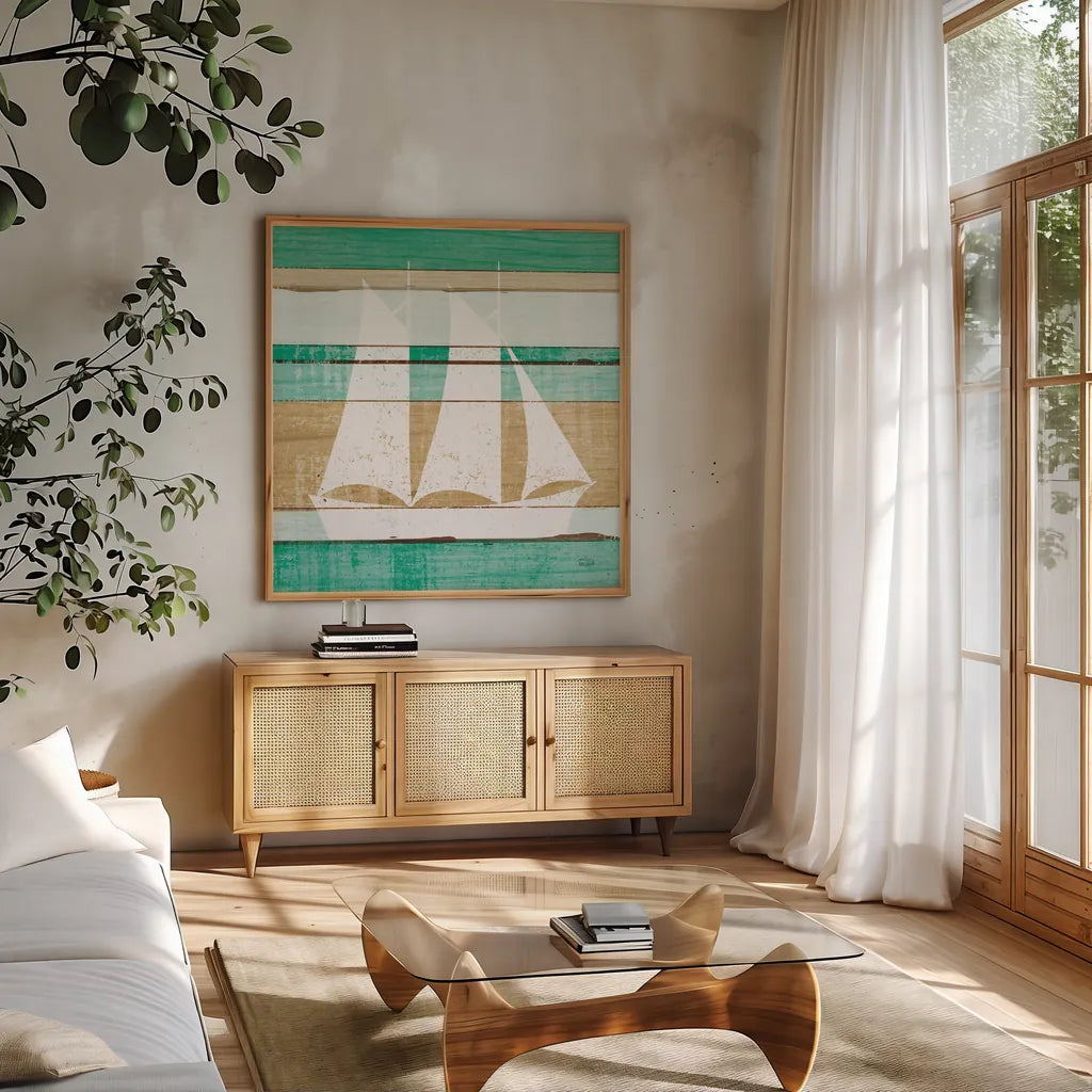 Beachscape V Boat Green by Michael Mullan. Shown in a natural wood frame in a cozy modern living room. Available as an archival giclee rolled canvas, fine art paper, or poster print. SKU 63521a.