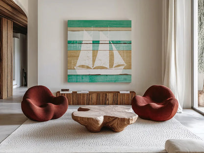 Beachscape V Boat Green by Michael Mullan. Shown as extra-large giant wall art in a modern living room. Available as an archival giclee rolled canvas, fine art paper, or poster print. SKU 63521a.