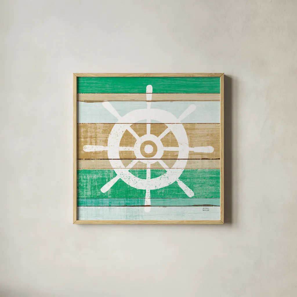 Beachscape VI Helm Green by Michael Mullan. Shown in a natural wood glass frame for a timeless modern aesthetic. Available as an archival giclee rolled canvas, fine art paper, or poster print. SKU 63522a.
