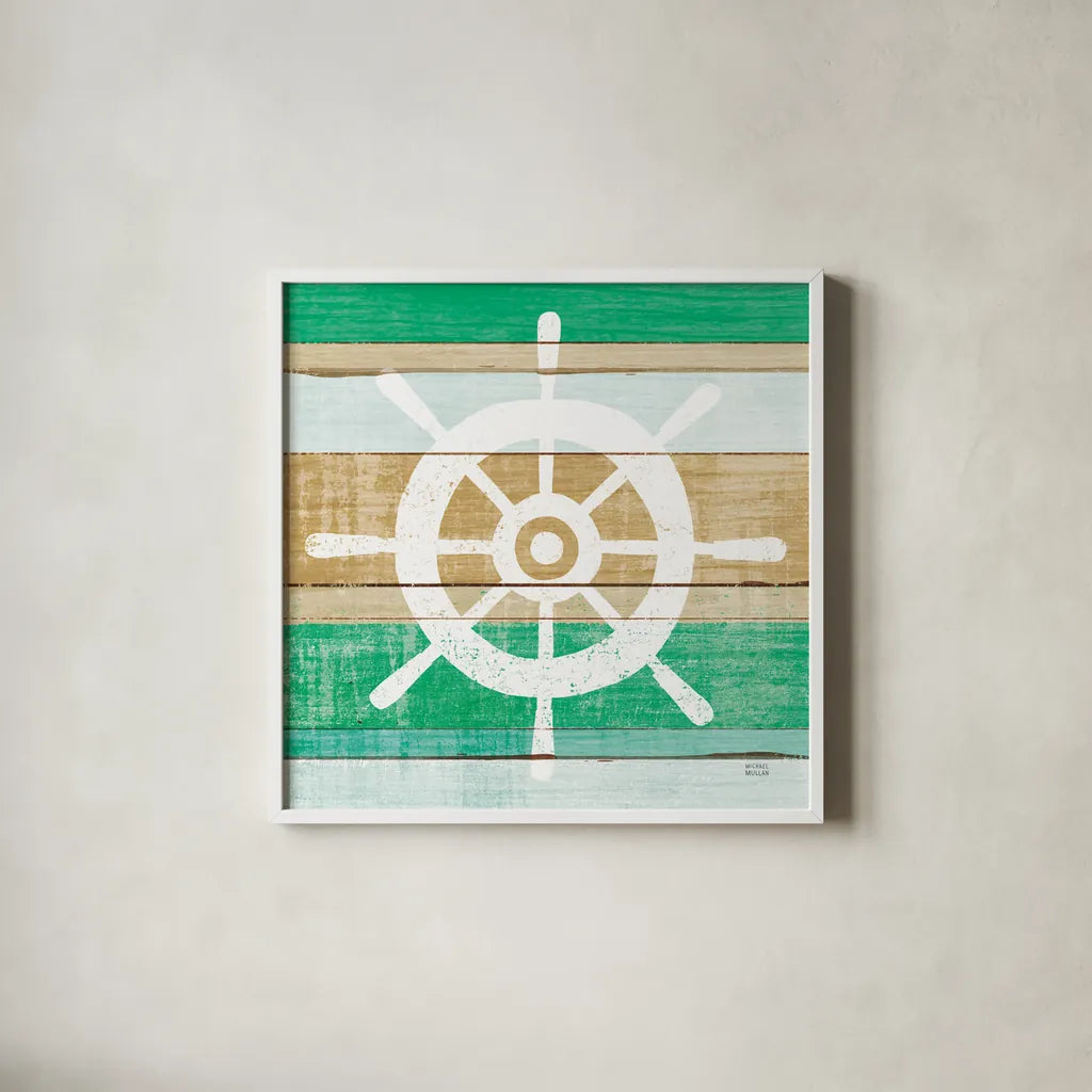 Beachscape VI Helm Green by Michael Mullan. Shown in a crisp white glass frame for a clean and minimalist style. Available as an archival giclee rolled canvas, fine art paper, or poster print. SKU 63522a.