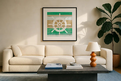 Beachscape VI Helm Green by Michael Mullan. Displayed in a glass frame with matte in a clean modern living room. Available as an archival giclee rolled canvas, fine art paper, or poster print. SKU 63522a.