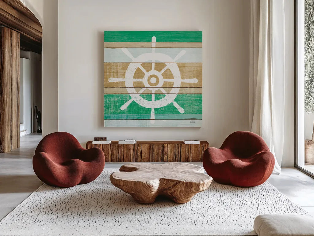 Beachscape VI Helm Green by Michael Mullan. Shown as extra-large giant wall art in a modern living room. Available as an archival giclee rolled canvas, fine art paper, or poster print. SKU 63522a.