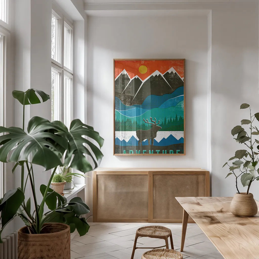 Big Sky I by Michael Mullan. shown as a print in a natural wood frame in a dining room. Available as a archival giclee rolled canvas, fine art paper, or poster print. SKU 23654h.