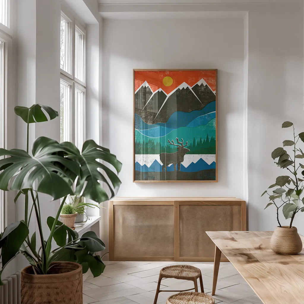 Big Sky I No Words by Michael Mullan. shown as a print in a natural wood frame in a dining room. Available as a archival giclee rolled canvas, fine art paper, or poster print. SKU 29881h.