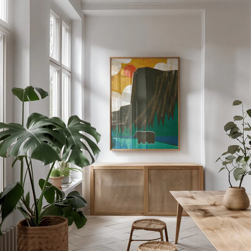 Big Sky IV No Words by Michael Mullan. shown as a print in a natural wood frame in a dining room. Available as a archival giclee rolled canvas, fine art paper, or poster print. SKU 29884h.