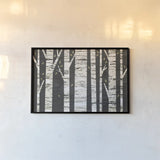 Birch Forest by Michael Mullan. shown as a paper print in a black flame. Available as a archival giclee rolled canvas, fine art paper, or poster print. SKU 22501i.