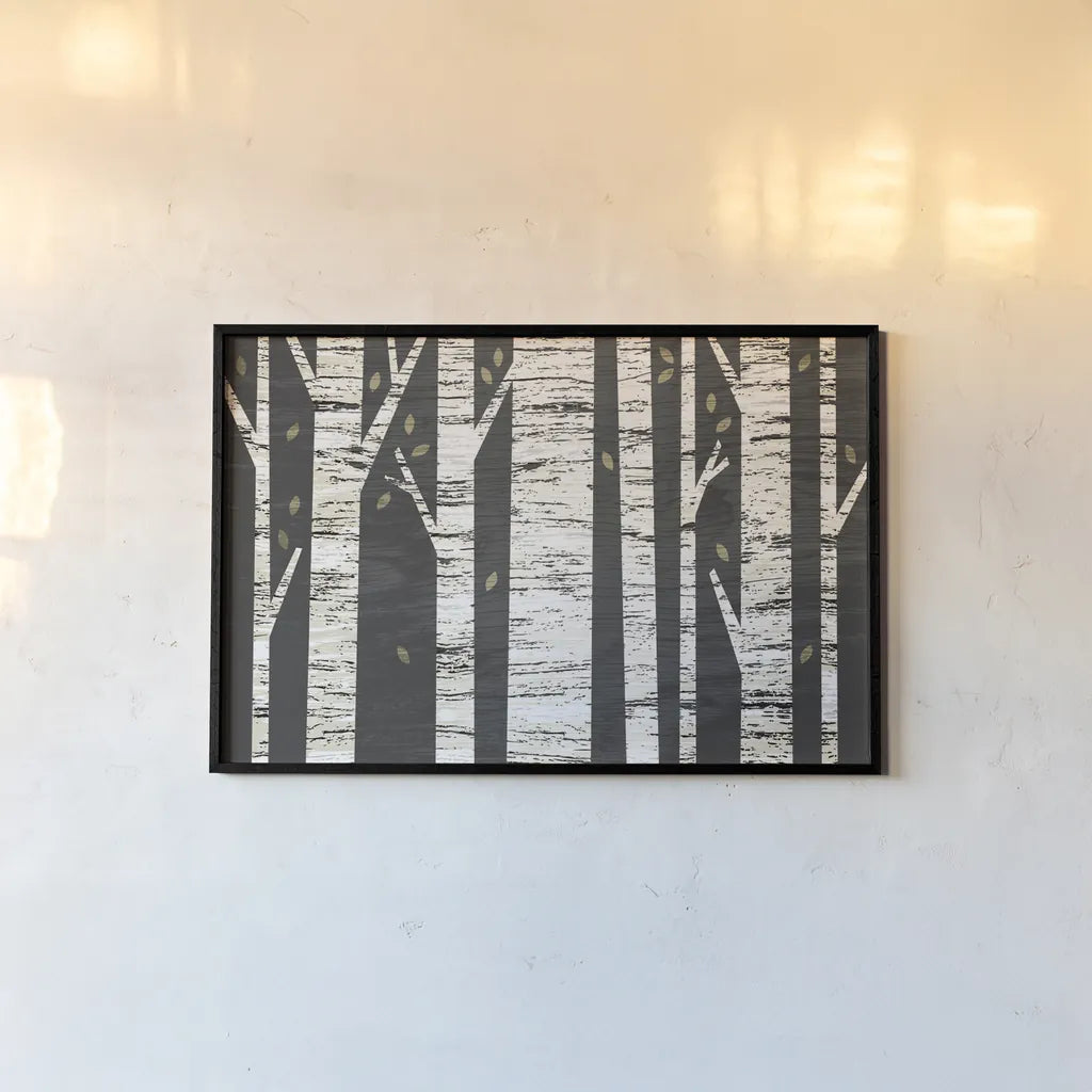 Birch Forest by Michael Mullan. shown as a paper print in a black flame. Available as a archival giclee rolled canvas, fine art paper, or poster print. SKU 22501i.