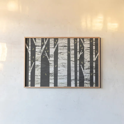 Birch Forest by Michael Mullan. shown as a paper print in a natural frame. Available as a archival giclee rolled canvas, fine art paper, or poster print. SKU 22501i.