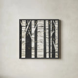Birch Forest Crop by Michael Mullan. Shown in a sleek black glass frame for a contemporary gallery look. Available as an archival giclee rolled canvas, fine art paper, or poster print. SKU 22501a.
