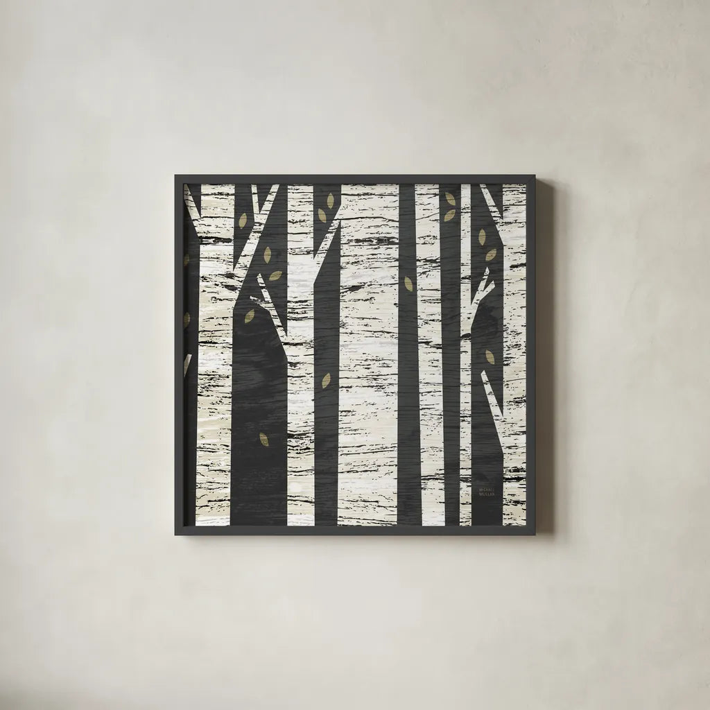 Birch Forest Crop by Michael Mullan. Shown in a sleek black glass frame for a contemporary gallery look. Available as an archival giclee rolled canvas, fine art paper, or poster print. SKU 22501a.