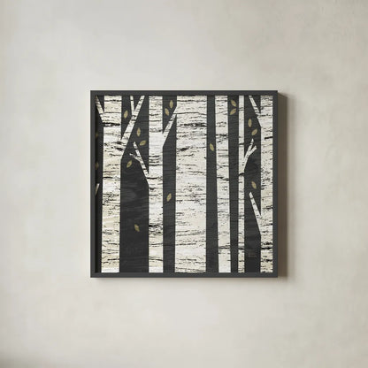 Birch Forest Crop by Michael Mullan. Shown in a sleek black glass frame for a contemporary gallery look. Available as an archival giclee rolled canvas, fine art paper, or poster print. SKU 22501a.