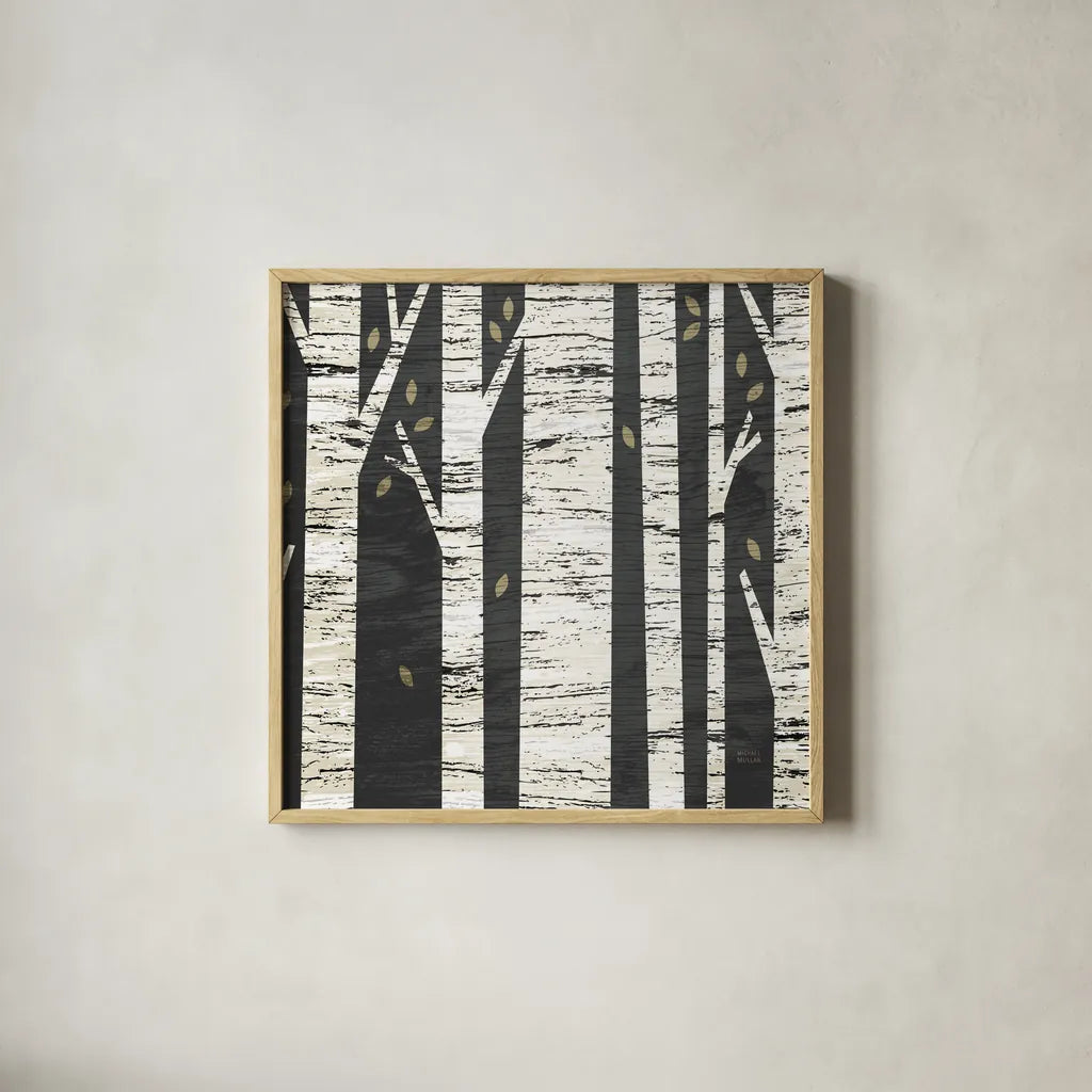 Birch Forest Crop by Michael Mullan. Shown in a natural wood glass frame for a timeless modern aesthetic. Available as an archival giclee rolled canvas, fine art paper, or poster print. SKU 22501a.
