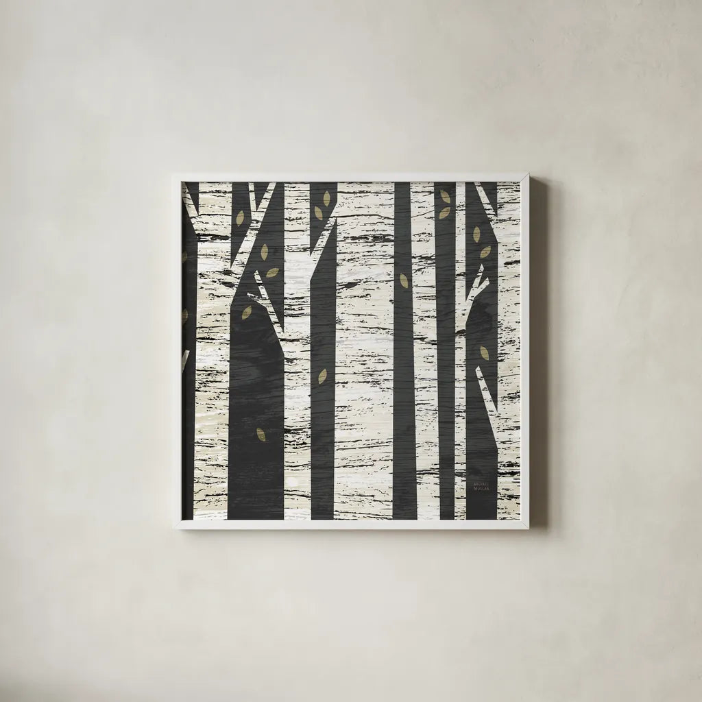 Birch Forest Crop by Michael Mullan. Shown in a crisp white glass frame for a clean and minimalist style. Available as an archival giclee rolled canvas, fine art paper, or poster print. SKU 22501a.