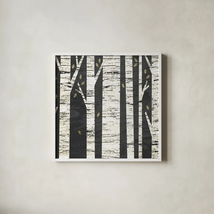 Birch Forest Crop by Michael Mullan. Shown in a crisp white glass frame for a clean and minimalist style. Available as an archival giclee rolled canvas, fine art paper, or poster print. SKU 22501a.
