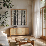 Birch Forest Crop by Michael Mullan. Shown in a natural wood frame in a cozy modern living room. Available as an archival giclee rolled canvas, fine art paper, or poster print. SKU 22501a.