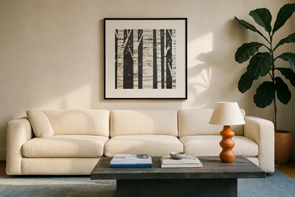 Birch Forest Crop by Michael Mullan. Displayed in a glass frame with matte in a clean modern living room. Available as an archival giclee rolled canvas, fine art paper, or poster print. SKU 22501a.