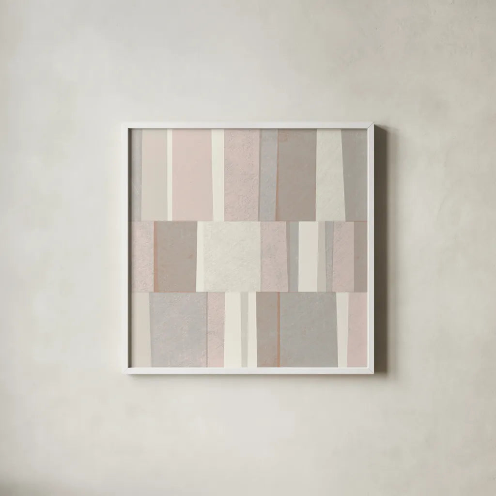 Blush Abstract by Michael Mullan. Shown in a crisp white glass frame for a clean and minimalist style. Available as an archival giclee rolled canvas, fine art paper, or poster print. SKU 42721a.