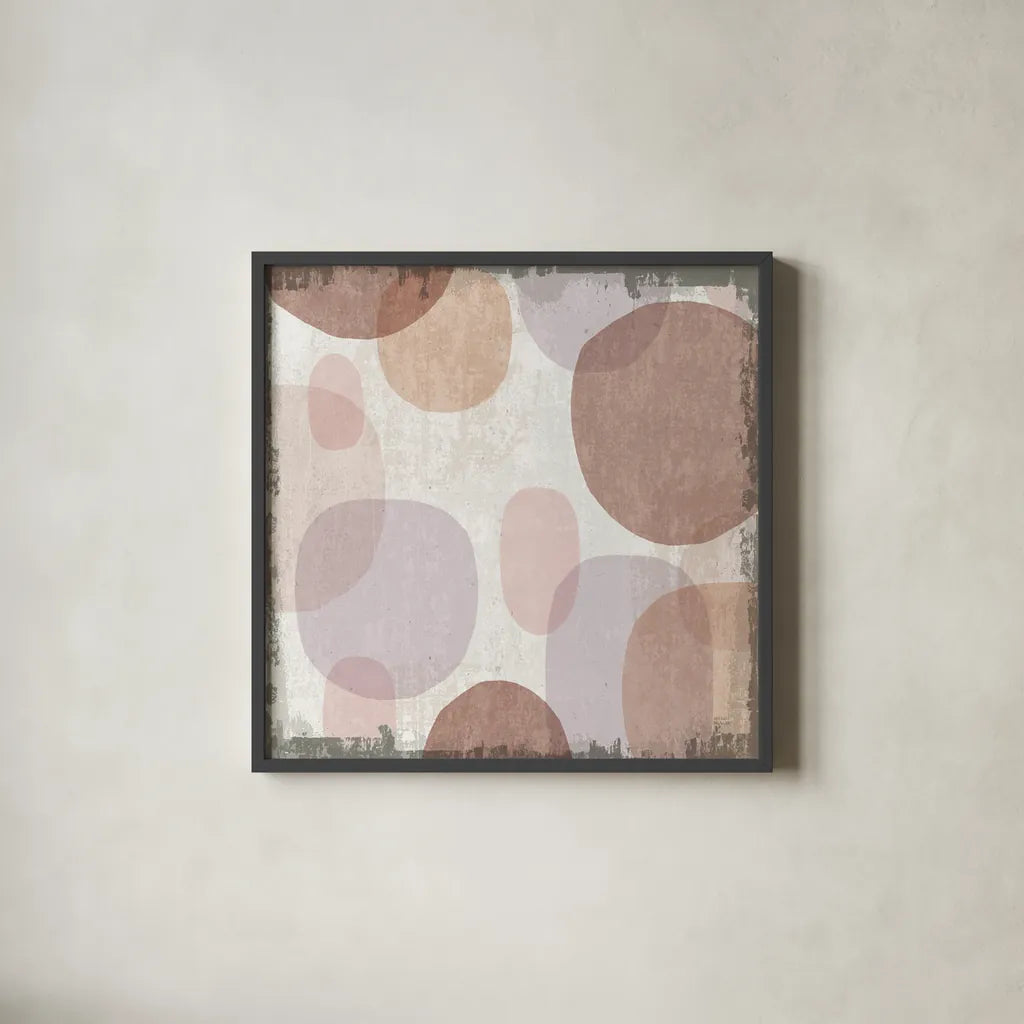 Blush Drips I by Michael Mullan. Shown in a sleek black glass frame for a contemporary gallery look. Available as an archival giclee rolled canvas, fine art paper, or poster print. SKU 42722a.