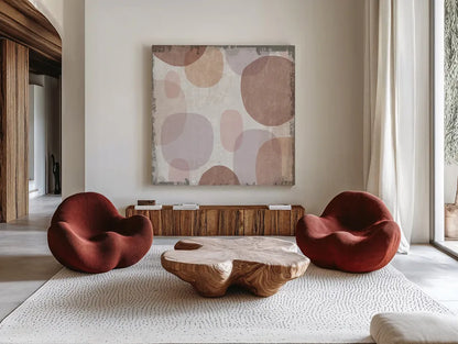 Blush Drips I by Michael Mullan. Shown as extra-large giant wall art in a modern living room. Available as an archival giclee rolled canvas, fine art paper, or poster print. SKU 42722a.