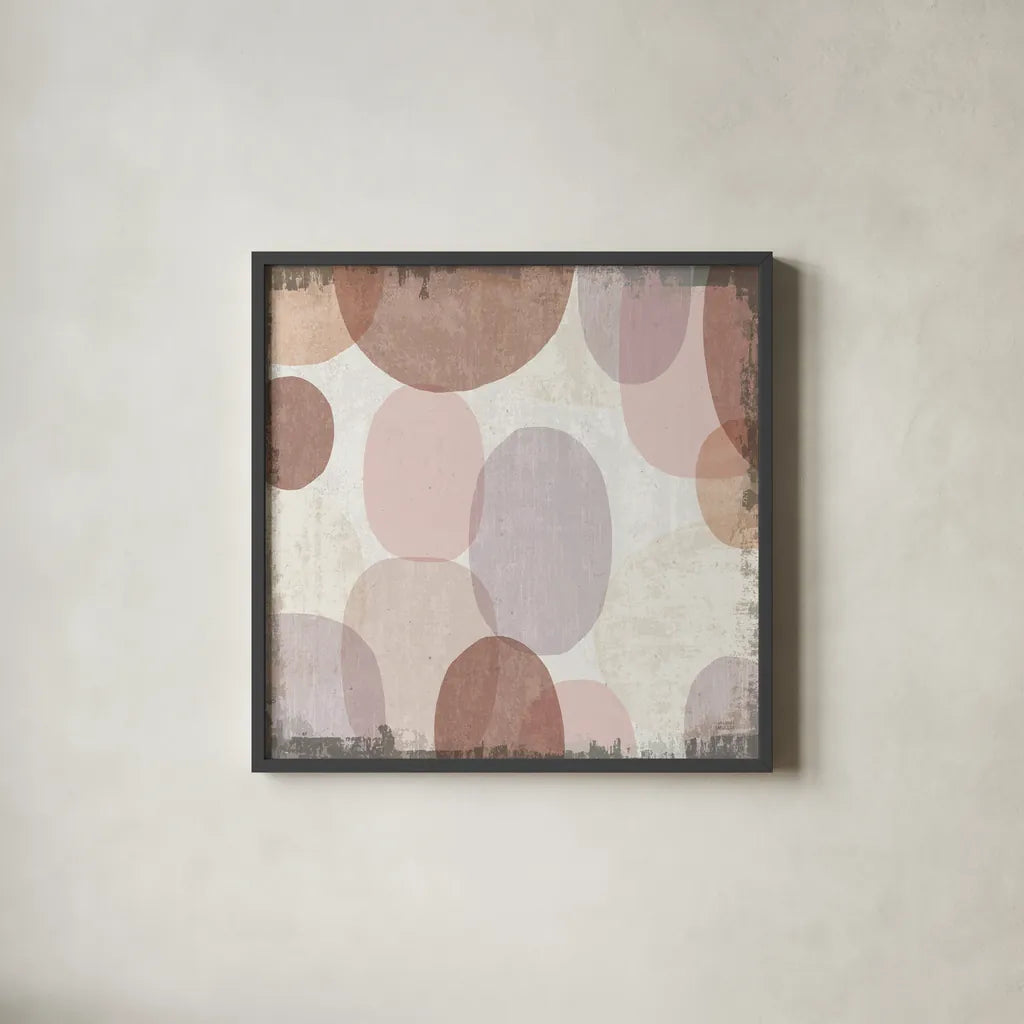 Blush Drips II by Michael Mullan. Shown in a sleek black glass frame for a contemporary gallery look. Available as an archival giclee rolled canvas, fine art paper, or poster print. SKU 42723a.