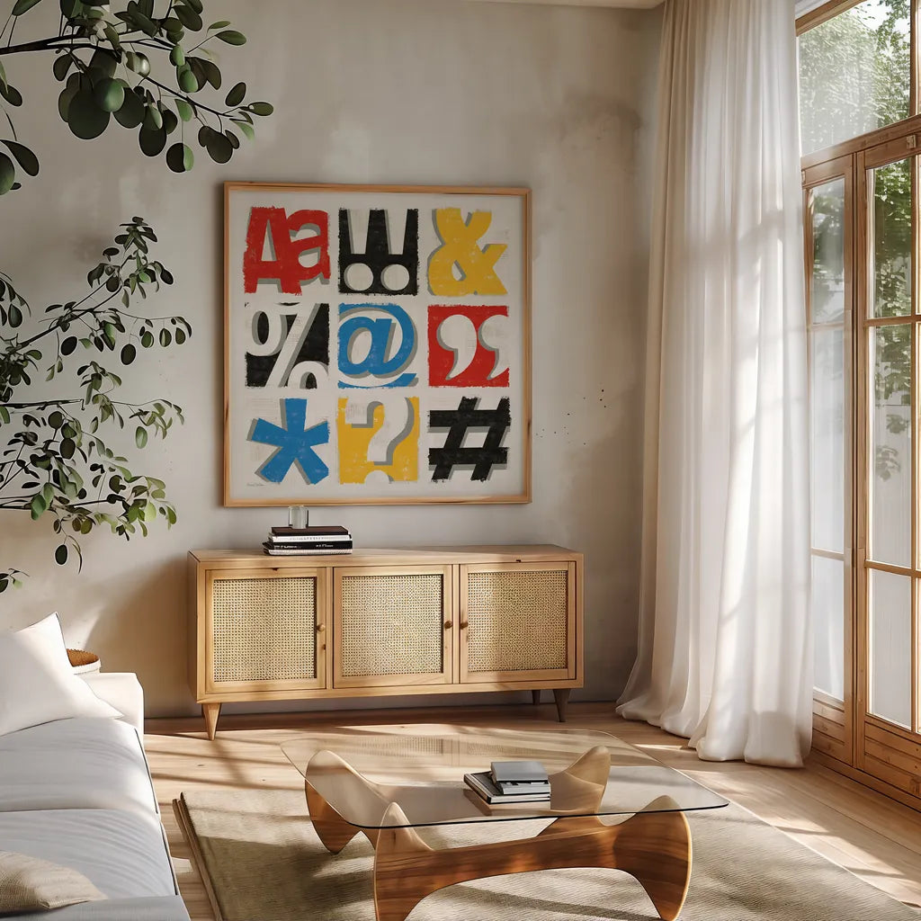 Bold Statement Vintage by Michael Mullan. Shown in a natural wood frame in a cozy modern living room. Available as an archival giclee rolled canvas, fine art paper, or poster print. SKU 61131a.