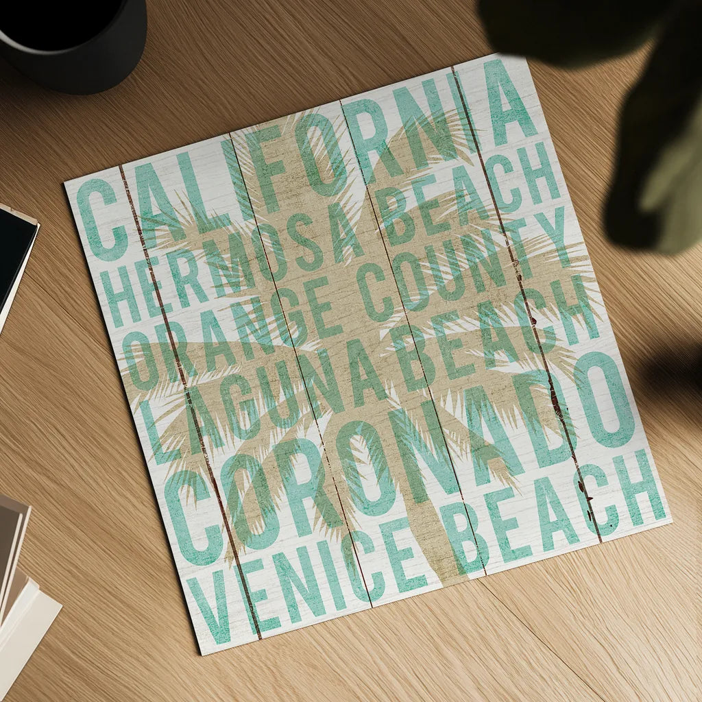 Bon Voyage California Palm by Michael Mullan. Shown as a detailed flat fine art print, highlighting archival giclee quality. Available as an archival giclee rolled canvas, fine art paper, or poster print. SKU 23163a.