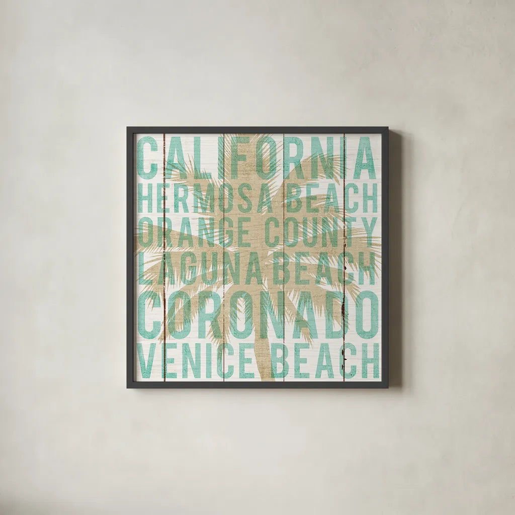 Bon Voyage California Palm by Michael Mullan. Shown in a sleek black glass frame for a contemporary gallery look. Available as an archival giclee rolled canvas, fine art paper, or poster print. SKU 23163a.