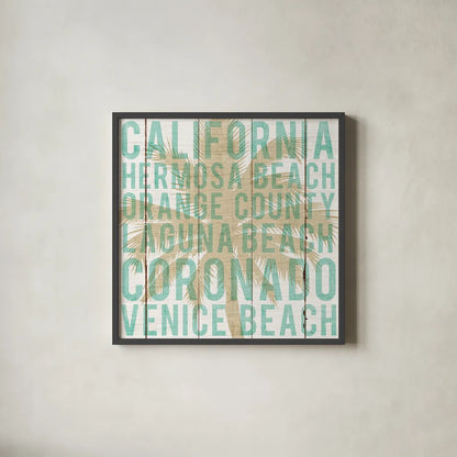 Bon Voyage California Palm by Michael Mullan. Shown in a sleek black glass frame for a contemporary gallery look. Available as an archival giclee rolled canvas, fine art paper, or poster print. SKU 23163a.