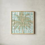 Bon Voyage California Palm by Michael Mullan. Shown in a natural wood glass frame for a timeless modern aesthetic. Available as an archival giclee rolled canvas, fine art paper, or poster print. SKU 23163a.