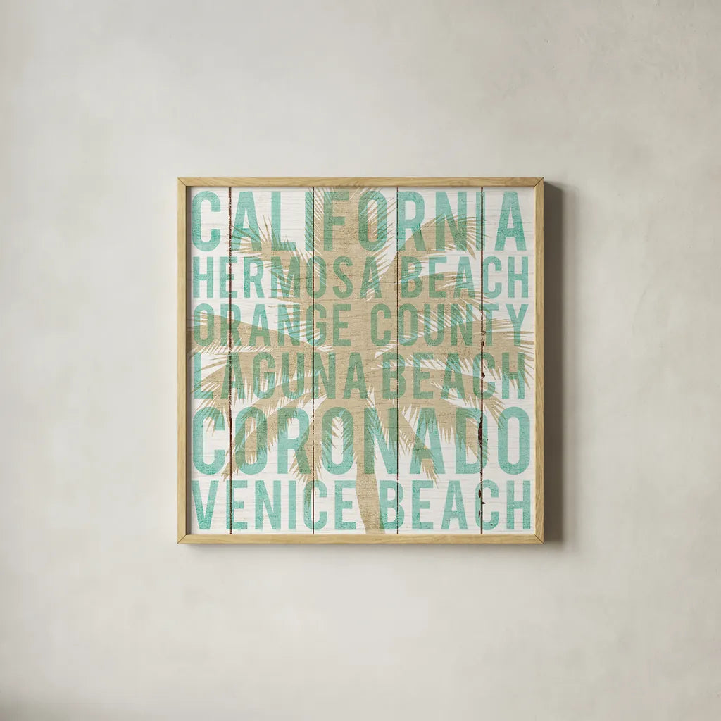 Bon Voyage California Palm by Michael Mullan. Shown in a natural wood glass frame for a timeless modern aesthetic. Available as an archival giclee rolled canvas, fine art paper, or poster print. SKU 23163a.