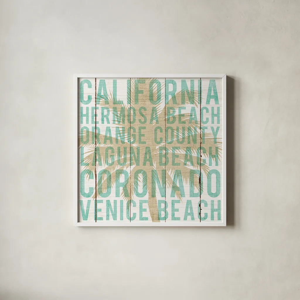 Bon Voyage California Palm by Michael Mullan. Shown in a crisp white glass frame for a clean and minimalist style. Available as an archival giclee rolled canvas, fine art paper, or poster print. SKU 23163a.