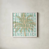 Bon Voyage California Palm by Michael Mullan. Shown in a crisp white glass frame for a clean and minimalist style. Available as an archival giclee rolled canvas, fine art paper, or poster print. SKU 23163a.