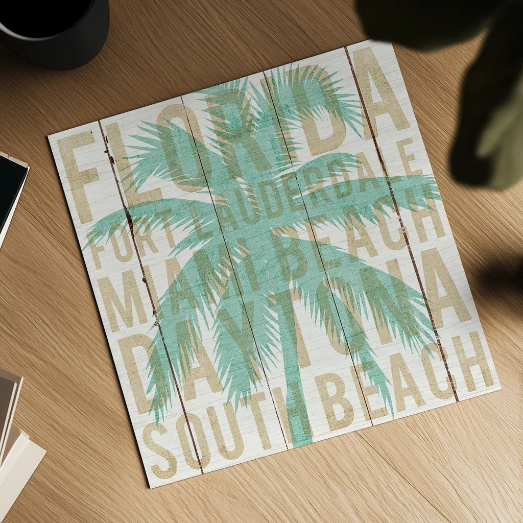 Bon Voyage Florida Palm by Michael Mullan. Shown as a detailed flat fine art print, highlighting archival giclee quality. Available as an archival giclee rolled canvas, fine art paper, or poster print. SKU 23165a.