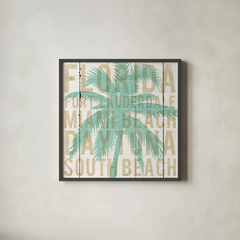 Bon Voyage Florida Palm by Michael Mullan. Shown in a sleek black glass frame for a contemporary gallery look. Available as an archival giclee rolled canvas, fine art paper, or poster print. SKU 23165a.