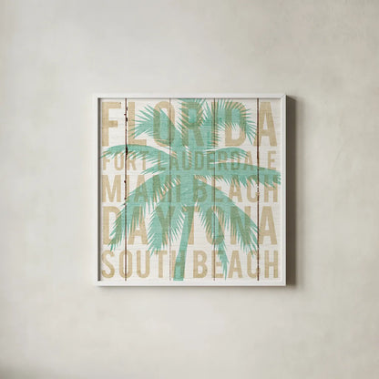 Bon Voyage Florida Palm by Michael Mullan. Shown in a crisp white glass frame for a clean and minimalist style. Available as an archival giclee rolled canvas, fine art paper, or poster print. SKU 23165a.