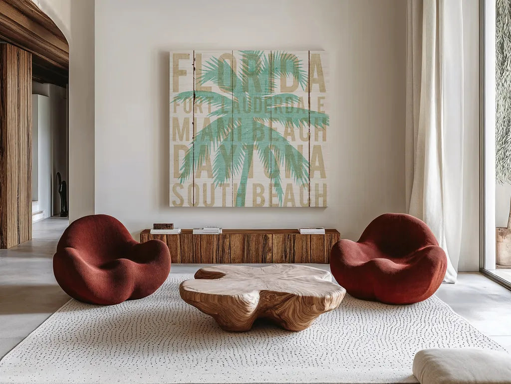 Bon Voyage Florida Palm by Michael Mullan. Shown as extra-large giant wall art in a modern living room. Available as an archival giclee rolled canvas, fine art paper, or poster print. SKU 23165a.