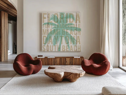 Bon Voyage Florida Palm by Michael Mullan. Shown as extra-large giant wall art in a modern living room. Available as an archival giclee rolled canvas, fine art paper, or poster print. SKU 23165a.