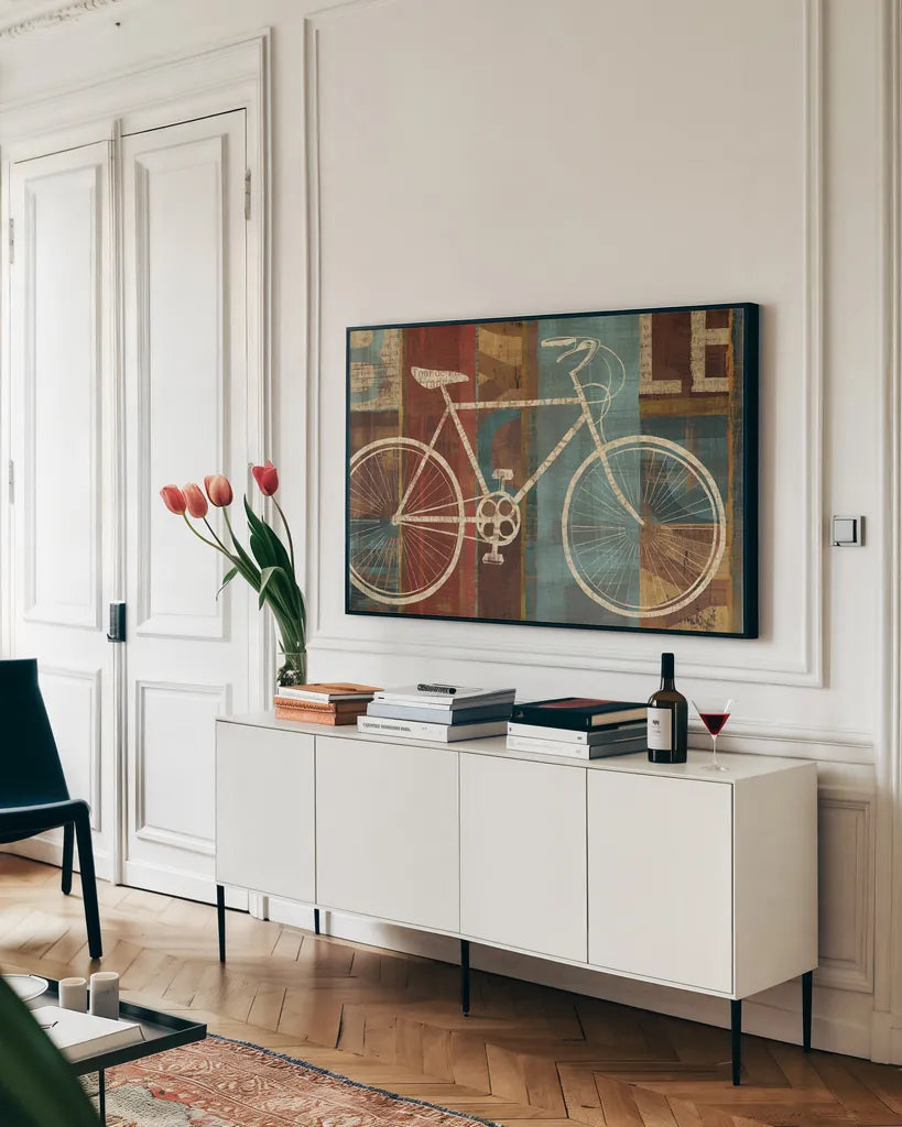 Breaking Away by Michael Mullan. shown as a framed stretched canvas in a living room above a console. Available as a archival giclee rolled canvas, fine art paper, or poster print. SKU 6684i.