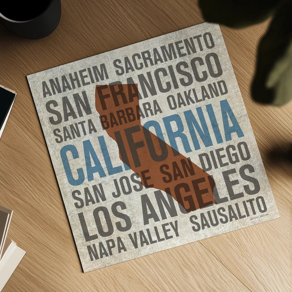 California V2 by Michael Mullan. Shown as a detailed flat fine art print, highlighting archival giclee quality. Available as an archival giclee rolled canvas, fine art paper, or poster print. SKU 18059a.